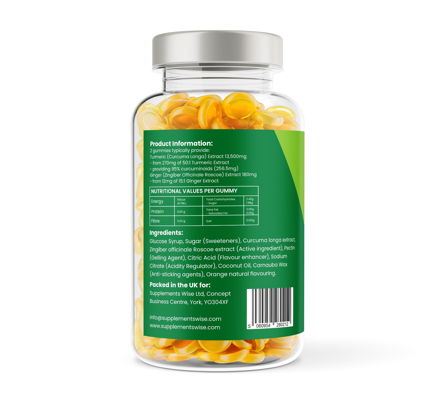 Turmeric Gummies - 120 Pack - 13500mg Per Serving - Fortified with Ginger - High Strength Turmeric Curcumin Supplement - Natural Orange Flavour - for Joint Pain - Chewable Herbal Vegan Turmeric Gummy