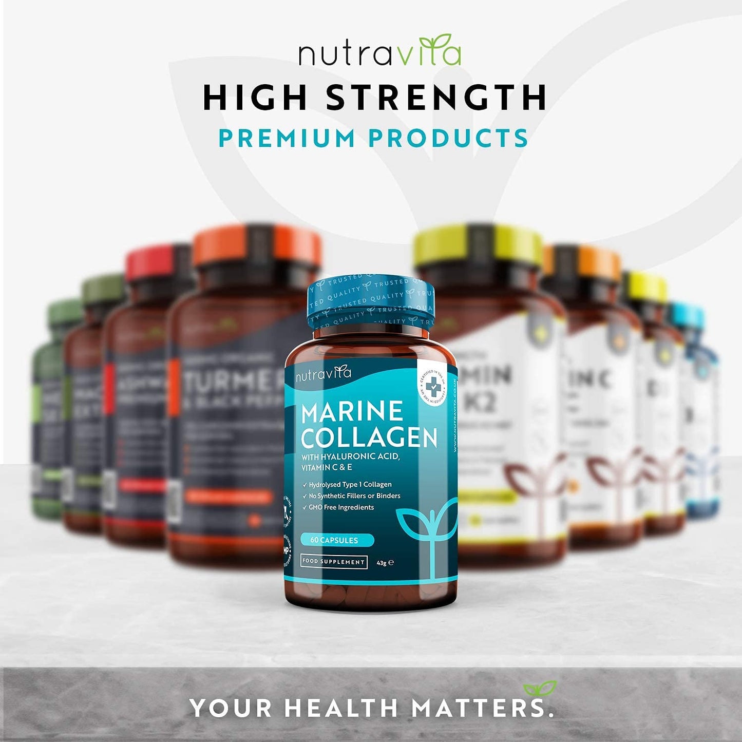 Marine Collagen 1000mg - 60 Capsules of Superior Type 1 Hydrolysed Collagen - Enhanced with Hyaluronic Acid, Vitamin C, Vitamin E, Vitamin B2, Zinc, Copper and Iodine - Made in The UK by Nutravita