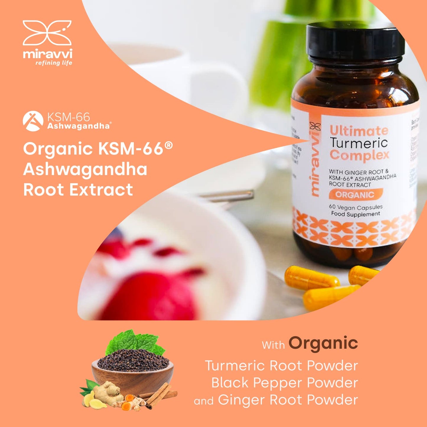 Miravvi Organic Turmeric Complex with KSM-66 Ashwagandha, Organic Ginger Root and Black Pepper | Organic Supplement | Ayurveda Formula | Vegan Complex | High Strength | Made in The UK |60 Days Supply