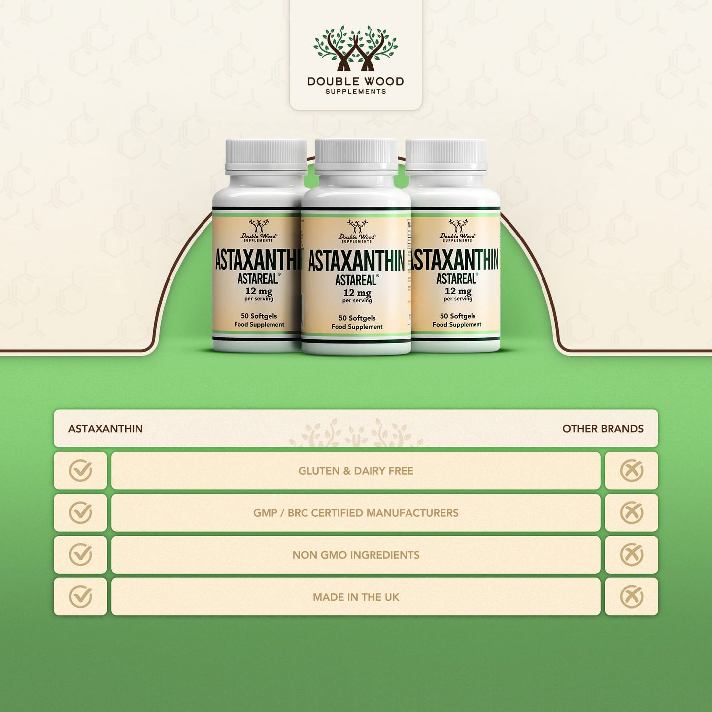 Double Wood Supplements AstaReal® Natural Astaxanthin 12 mg – 50 Softgels (1-A-Day) – Most-Studied Algal Antioxidant – Supports Skin, Eyes, Brain, Heart, Immunity & Performance