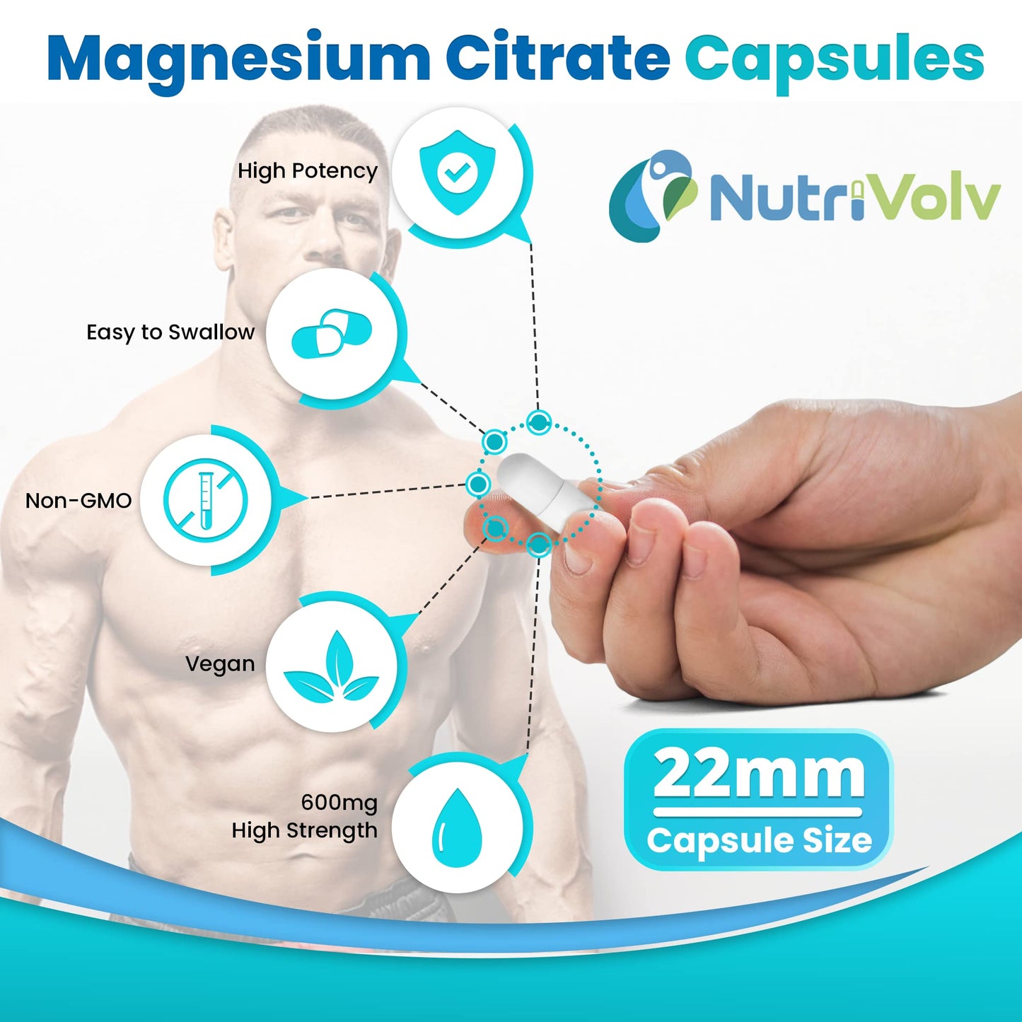 Magnesium Citrate 600mg | Providing 180mg Elemental Magnesium Per Serving | 90 Vegan Capsules (3 Months Supply).| Supports Muscle and Bone Health.