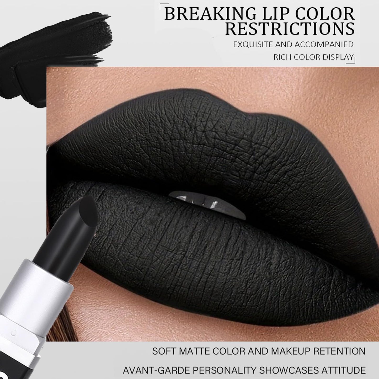 GEEWHILE Black Lipsticks for Women Long Lasting ighly Pigmented Black Lipstick Matte Lightweight Moisturised Lip Gloss, Black Lipstick for Halloween Cosplay
