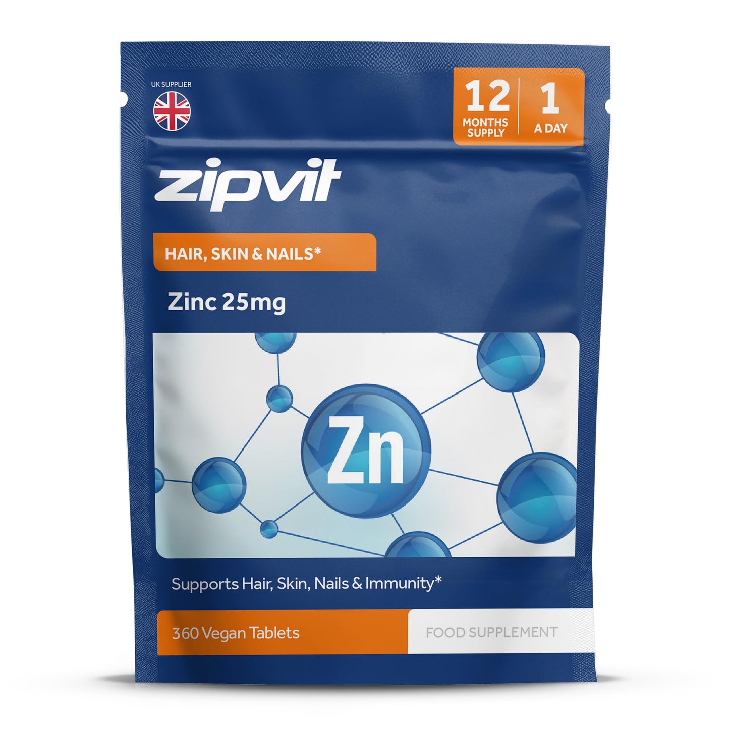 Zipvit Zinc 25mg Pouch, 12 Months Supply, Recommended Dose Zinc Supplement, Supports Hair, Skin, Nails, Bones & Vision, Promotes Immunity, Fertility & Reproduction for Men & Women, 360 Vegan Tablets