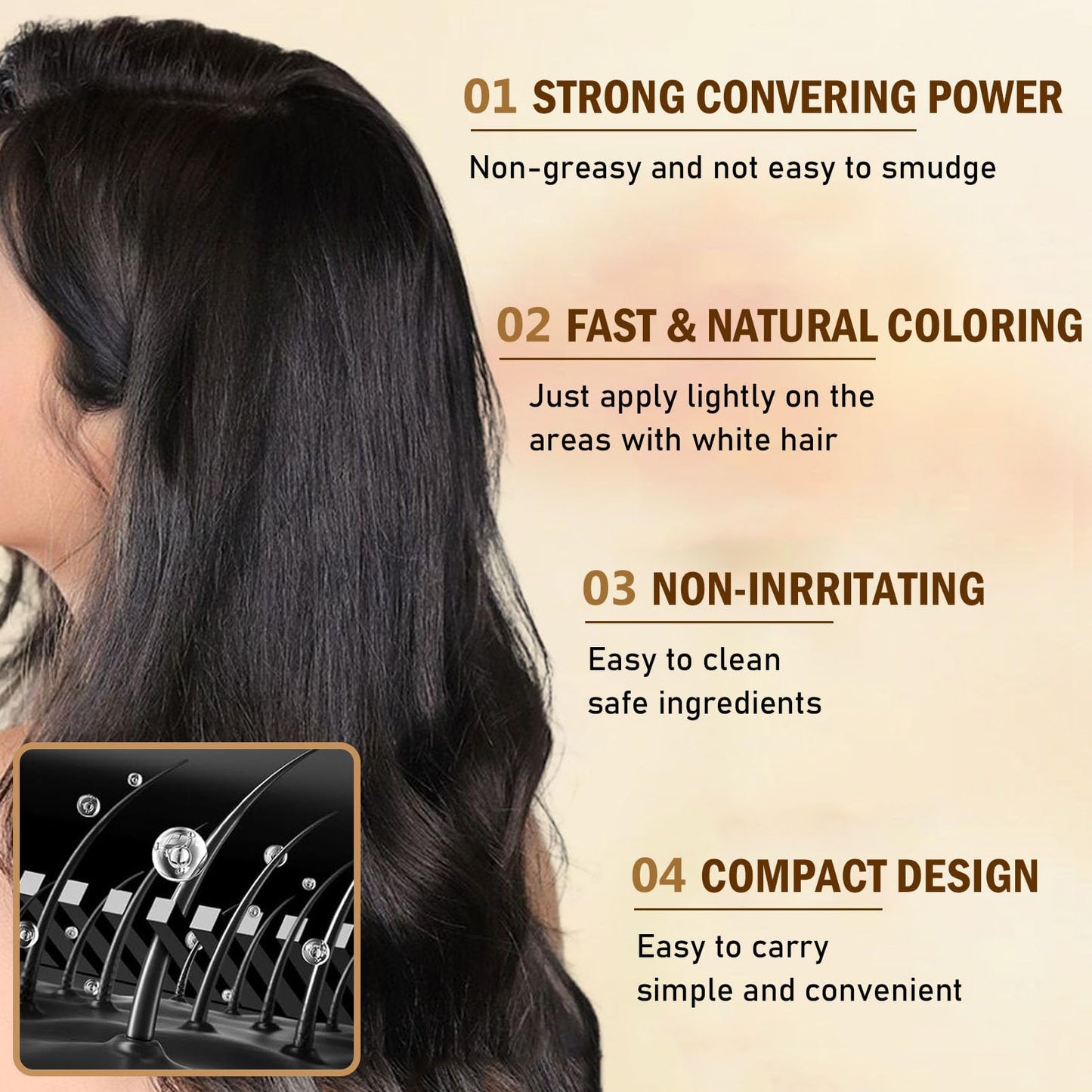 Hair Dye Comb, 2 in 1 Black Instant Hair Colour Stick with Built-in Comb, Hair Dye Stick for Gray Hair Coverage, Sweat-Proof & Portable Hair Concealer for Women & Men