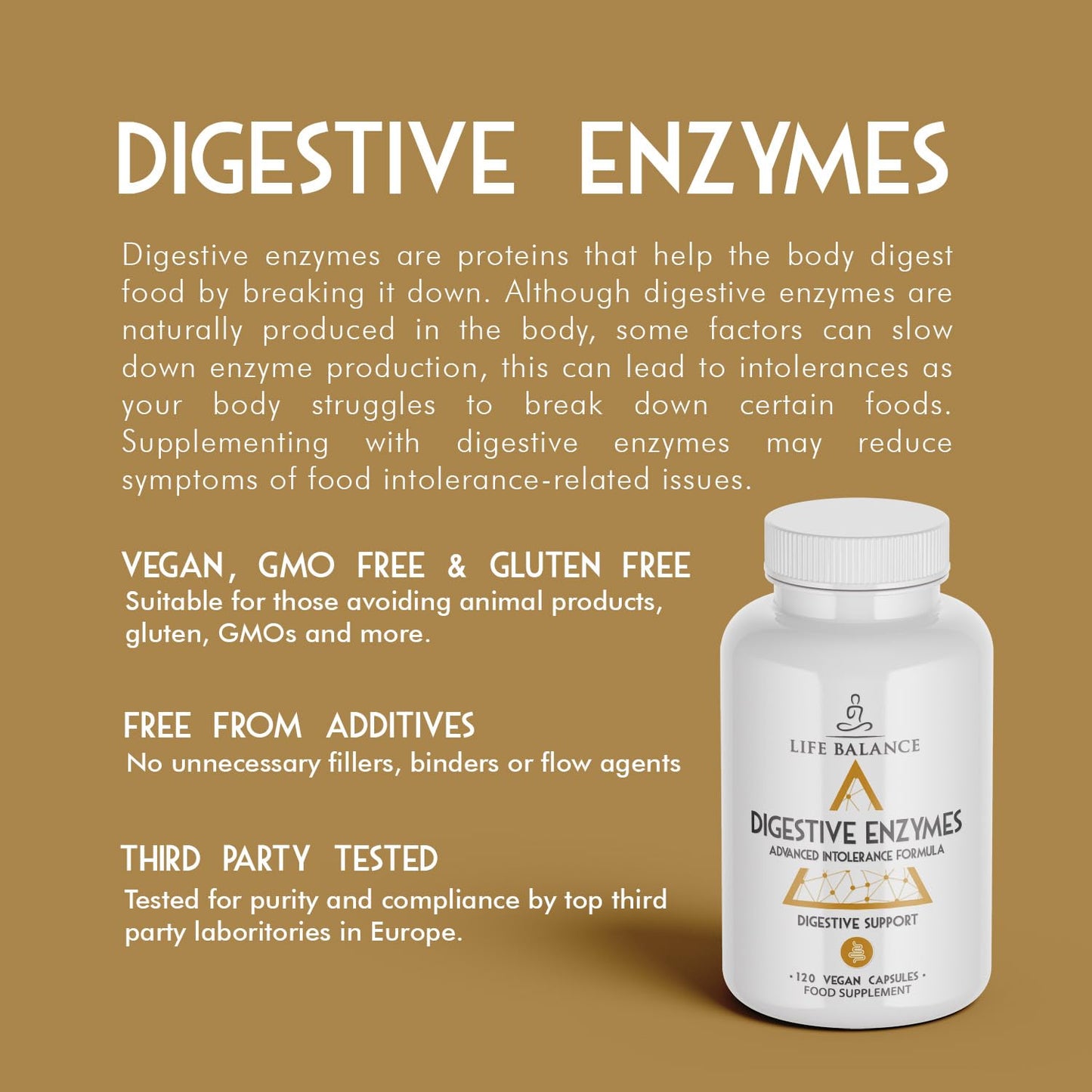 Life Balance Digestive Enzymes - Advanced Intolerance Formula - for Gluten, Casein & Lactose Intolerances - 120 Pullulan Capsules - Vegan - UK Made - No Additives (120 Capsule Bottle)