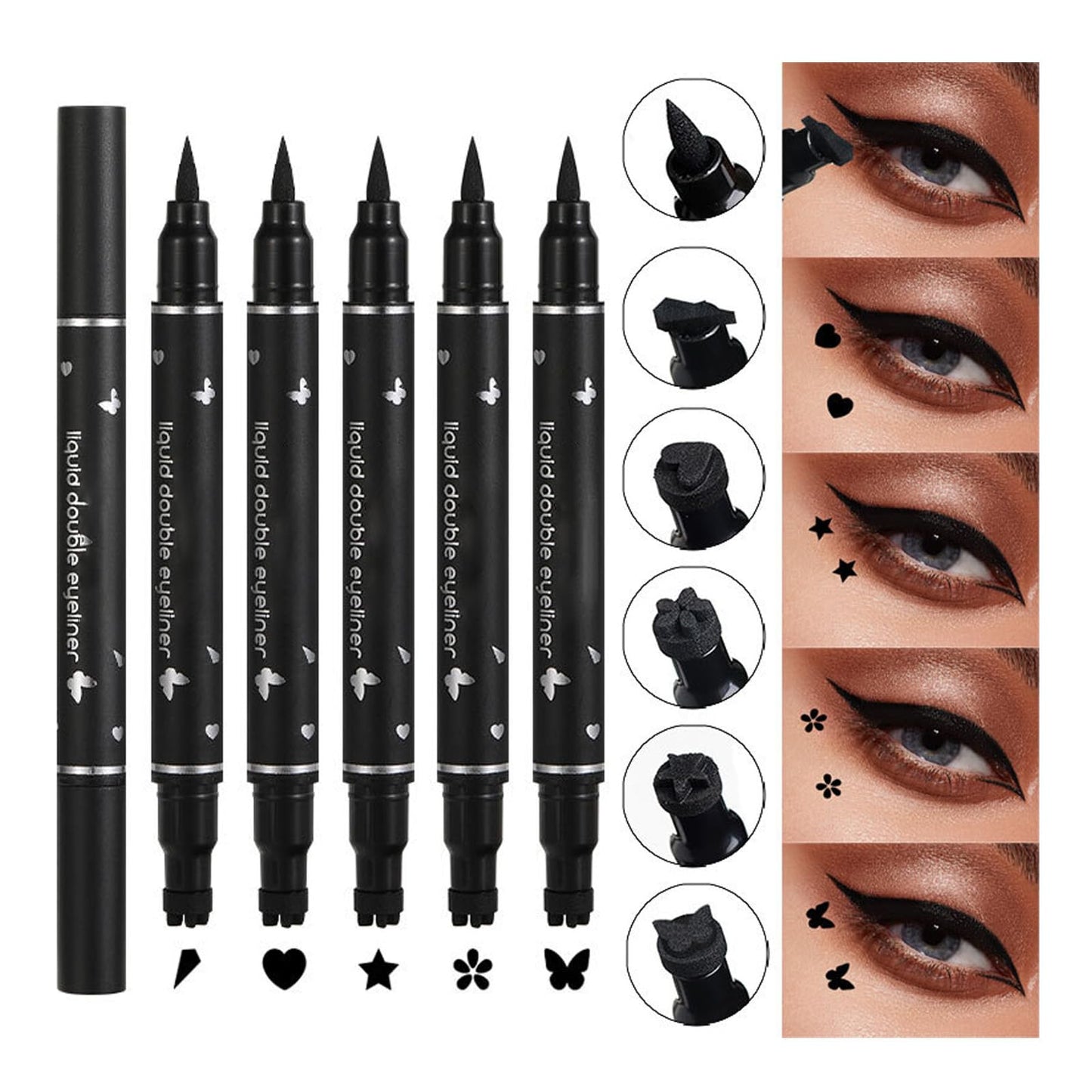 MINSHZEE Liquid Eyeliner, 5 Pcs Black Liquid Eyeliner Stamp Pen Set, Dual Tip Waterproof and Smudge-proof, Black Eyeliner Tattoo Makeup Tool, 5 Decorative Shapes (Heart, Flower, Star, Butterfly, Triangle Stamp