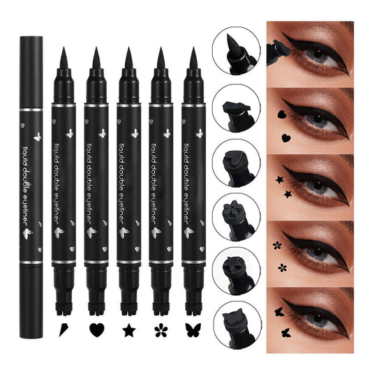 MINSHZEE Liquid Eyeliner, 5 Pcs Black Liquid Eyeliner Stamp Pen Set, Dual Tip Waterproof and Smudge-proof, Black Eyeliner Tattoo Makeup Tool, 5 Decorative Shapes (Heart, Flower, Star, Butterfly, Triangle Stamp