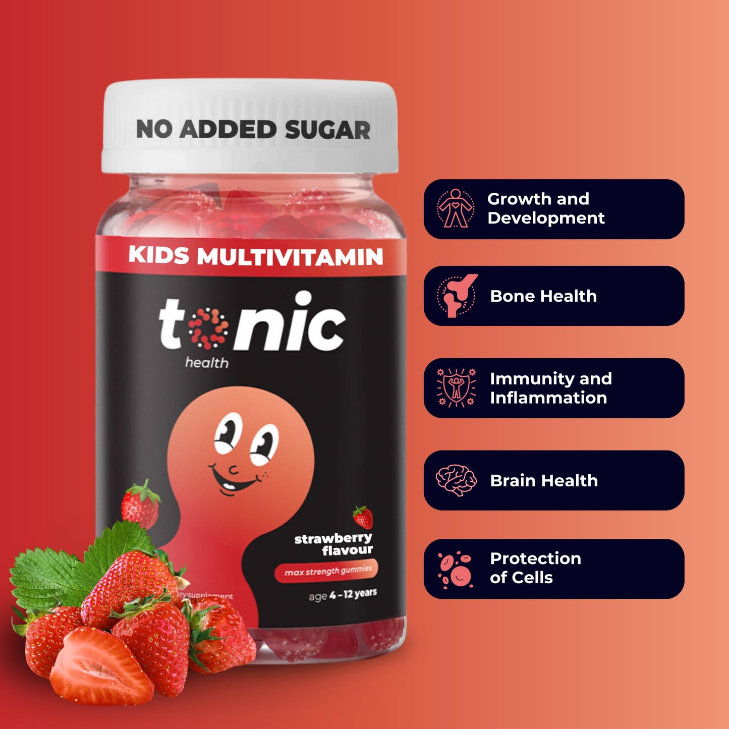 Tonic Health Kids Vitamins Gummies - 14 in 1 Kids Multivitamin with Vitamins A, C, D, E and Zinc, Strawberry Flavour, Month Supply (60 Count), Ages 4-12, No Added Sugar, No Sweeteners, Vegan