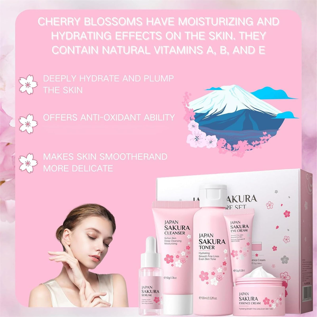 HUAIAN Sakura Skin Care Sets & Kits,Girls Pamper Set, Face Care Sets For Women,Cherry Blossom Skincare Teenage Girls Gifts - Cleanser,Toner,Serum,Eye,Essence Cream - Japanese Skincare