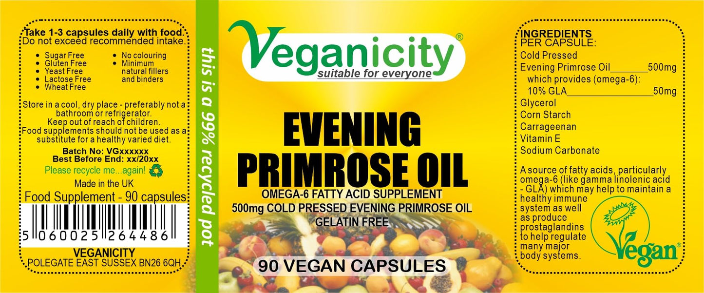 Veganicity Evening Primrose Oil 500mg (10% GLA) : Omega-6 Plant Supplement : 90 Vegan Capsules, in a Planet-Friendly 99% Recycled Pot