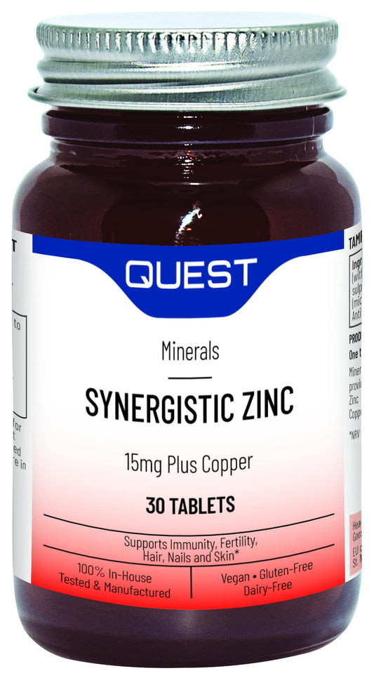 Quest Synergistic Zinc 15mg (30 Tablets) - Zinc & Copper Supplement for Immune Support, Fertility, Hair Care, Nail Care & Skin Care. High Strength Minerals with Optimum Absorption & Utilisation