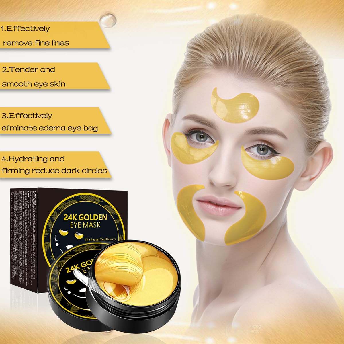 Pakivs 24K Gold Under Eye Mask,60 Pcs Under Eye Patches,30 Pairs Collagen Hydrating Gel Pads,Removing Dark Circles,Puffiness for Men and Women