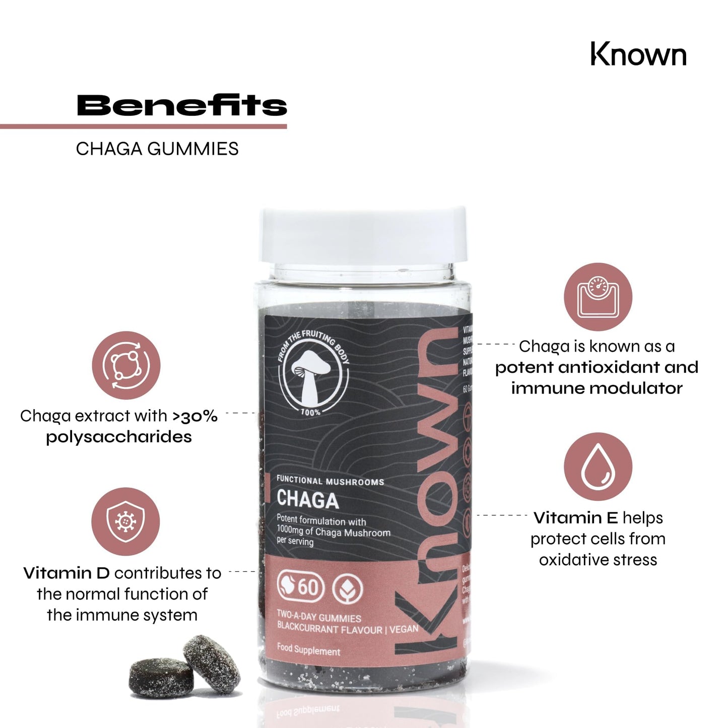 Chaga 1000mg Mushroom Gummies by Known Nutrition | Natural Antioxidant Support for Immune System | Delicious Natural Blackcurrant Flavour | 60 Two-a-Day Vegan Gummies (One Month’s Supply)