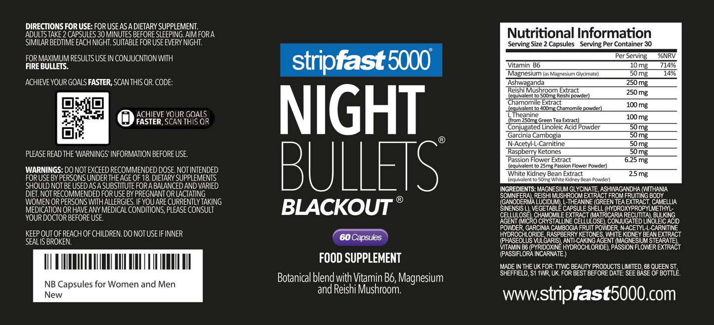 stripfast5000 Weight Management Support + Relaxation Capsules, Stimulant-Free for Women & Men, Night Bullets Blackout
