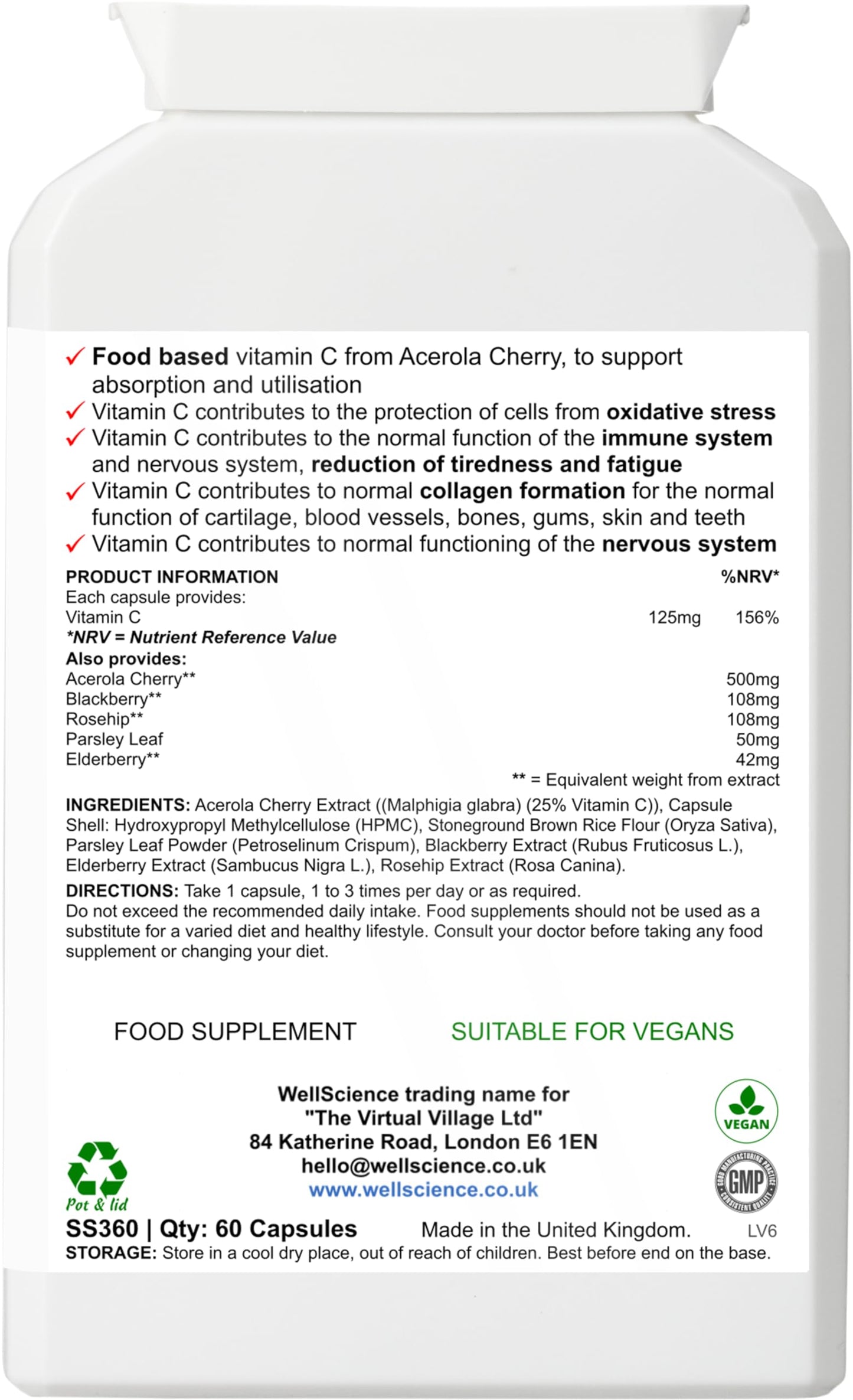 Wellscience WellScience VitalaC - Natural Vitamin C Supplement for Immune Support, Collagen Formation, and Antioxidant Protection - Acerola Cherry, Parsley, Blackcurrant, Rosehip, and Elderberry Extracts