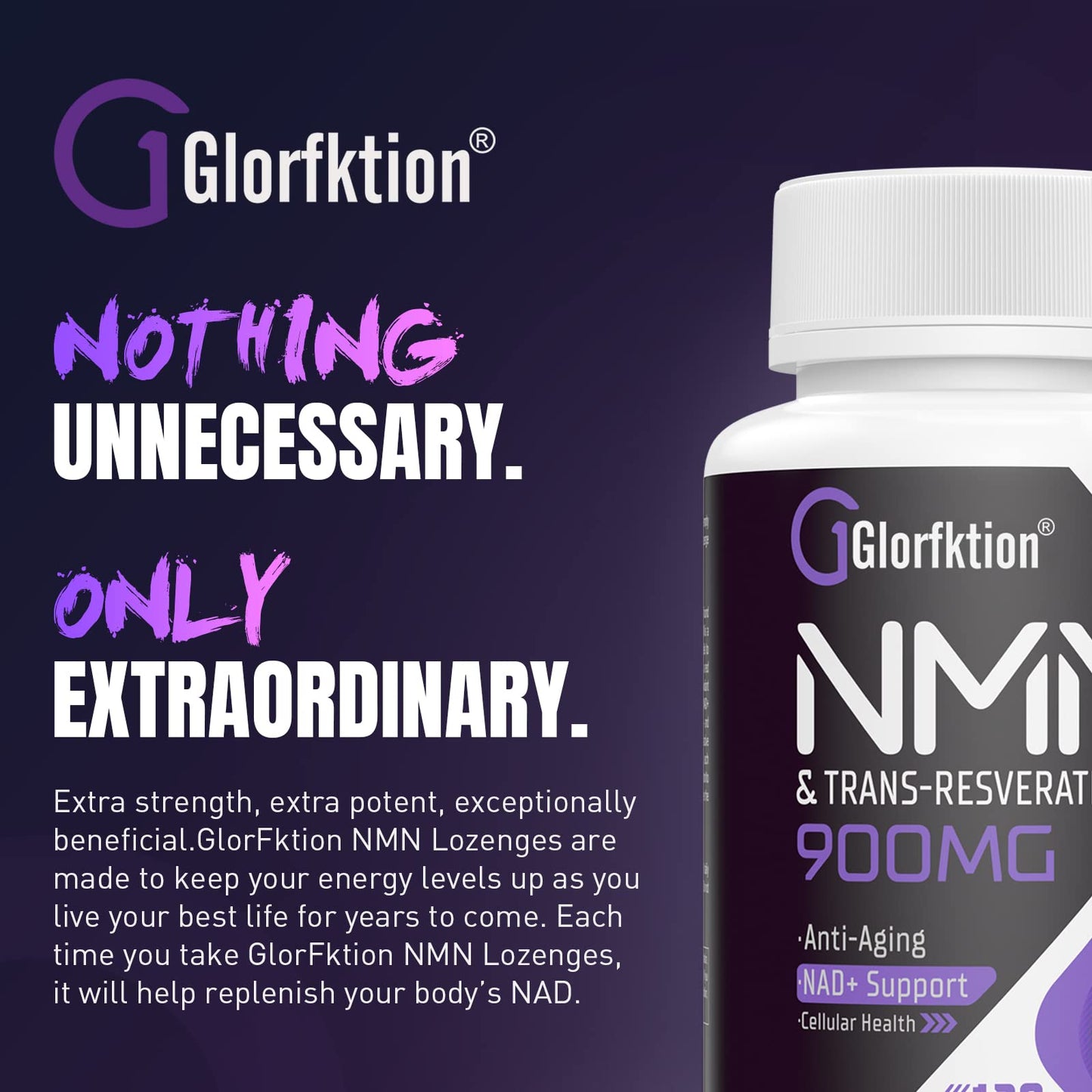 Glorfktion Trans-Resveratrol & NAD+ 900mg, Enhanced with Black Pepper for Max Absorption, 120 Fast-Acting Lozenges for 4 Month Supply((120 Count (Pack of 4)))