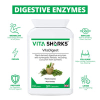 Vita Sharks VitaDigest Vegan 90 Capsules. Natural Gut Soothing Digestive Enzymes, Curcumin & Turmeric; for Gut Cleansing, Immunity & to Combat Bloating, Bowel & Digestion Issues