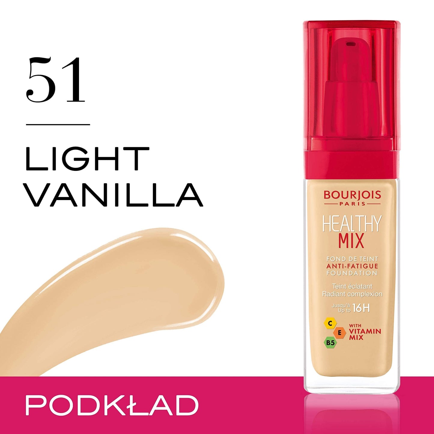 Bourjois Healthy Mix Anti-Fatigue Medium Coverage Liquid Foundation, 51 Light Vanilla, 30ml, SPF 29199601051