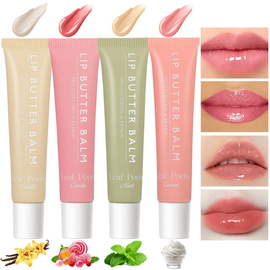 Ledeak Summer Lip Balm, 4PCS Summer Lip Butter Balm, Nourishing Glossier Lip Balm, Plumping Tinted Lip Butter, Moisturizing Natural Lip Gloss Set for Men Women Chapped Lips (Vanilla+ Candy+Mint+Cream)