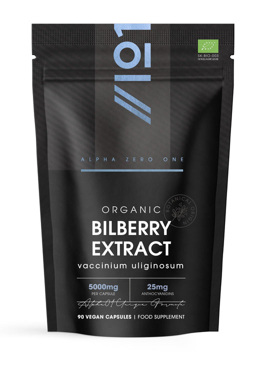 Organic Bilberry Extract 5000mg – High Strength 5% Anthocyanidins – 90 Vegan Capsules (3 Months Supply) – Resealable and Recyclable Pouch – by Alpha01