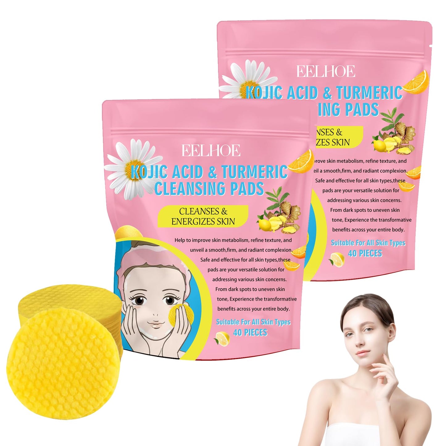 Nadiaen Kojic Acid and Turmeric Pads,80 Pieces Turmeric Kojic Acid Pads,Exfoliating Face Suitable for Improving Skin Texture,Reducing Shine and Clogged Pores