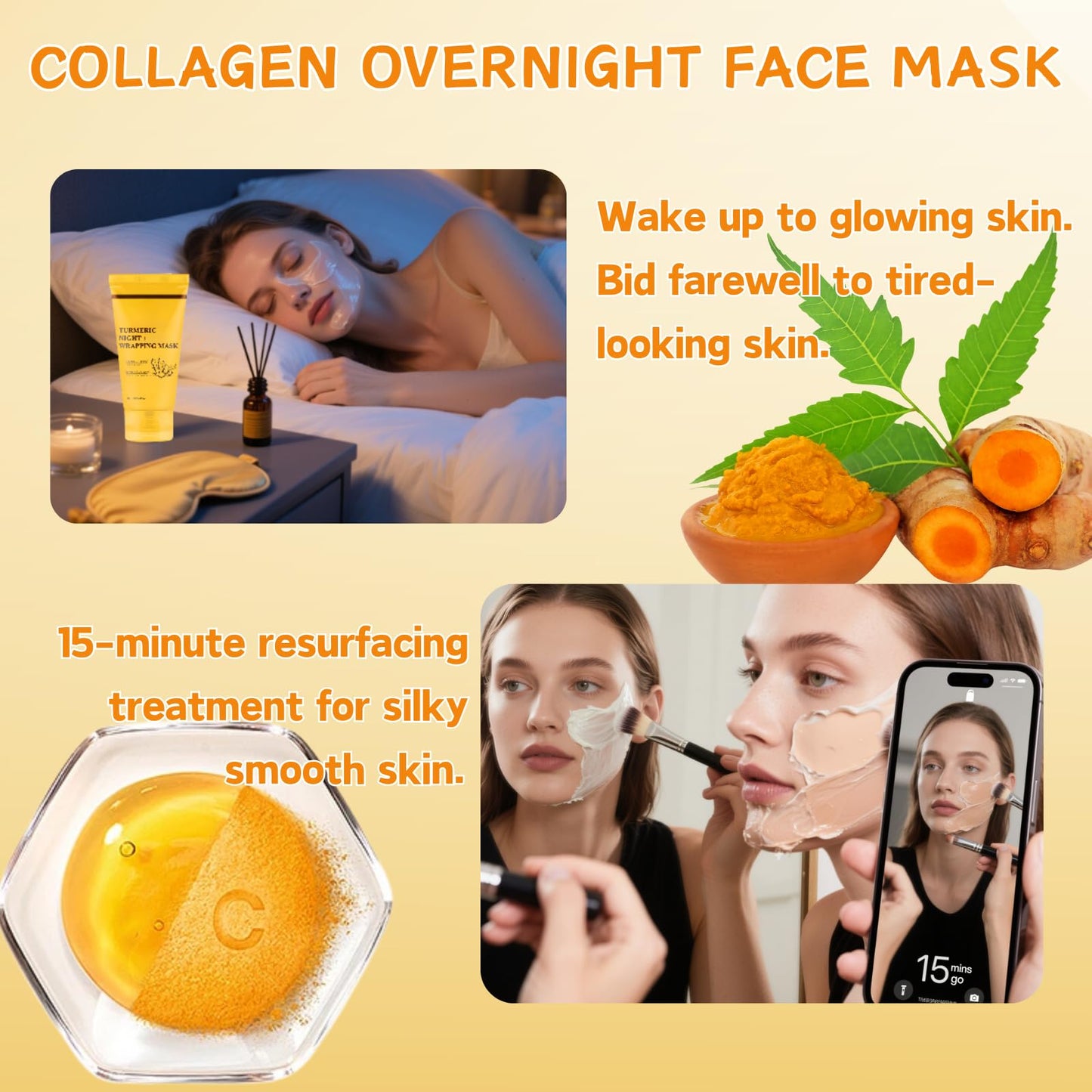 IZBEAUVO Turmeric Collagen Night Wrapping Mask - Peel Off Face Mask for Pore Tightening, Anti-Aging & Blackhead Removal with Vitamin C & Collagen Gel, Hydrating Exfoliating Gel Treat for Dull Skin.