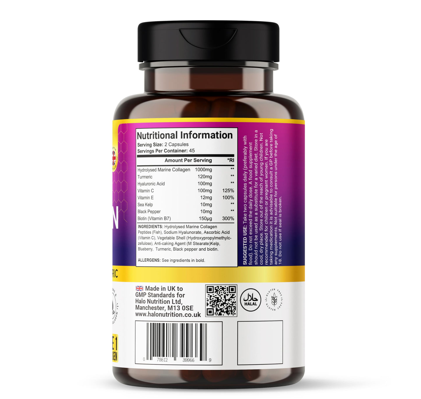 HALO NUTRITION Collagen Capsules - Marine Collagen Capsules with Hyaluronic Acid & Turmric- High Strength Collagen Supplements for Women & Men - 90 Capsules - Premium Collagen Complex for Skin Joints Hair