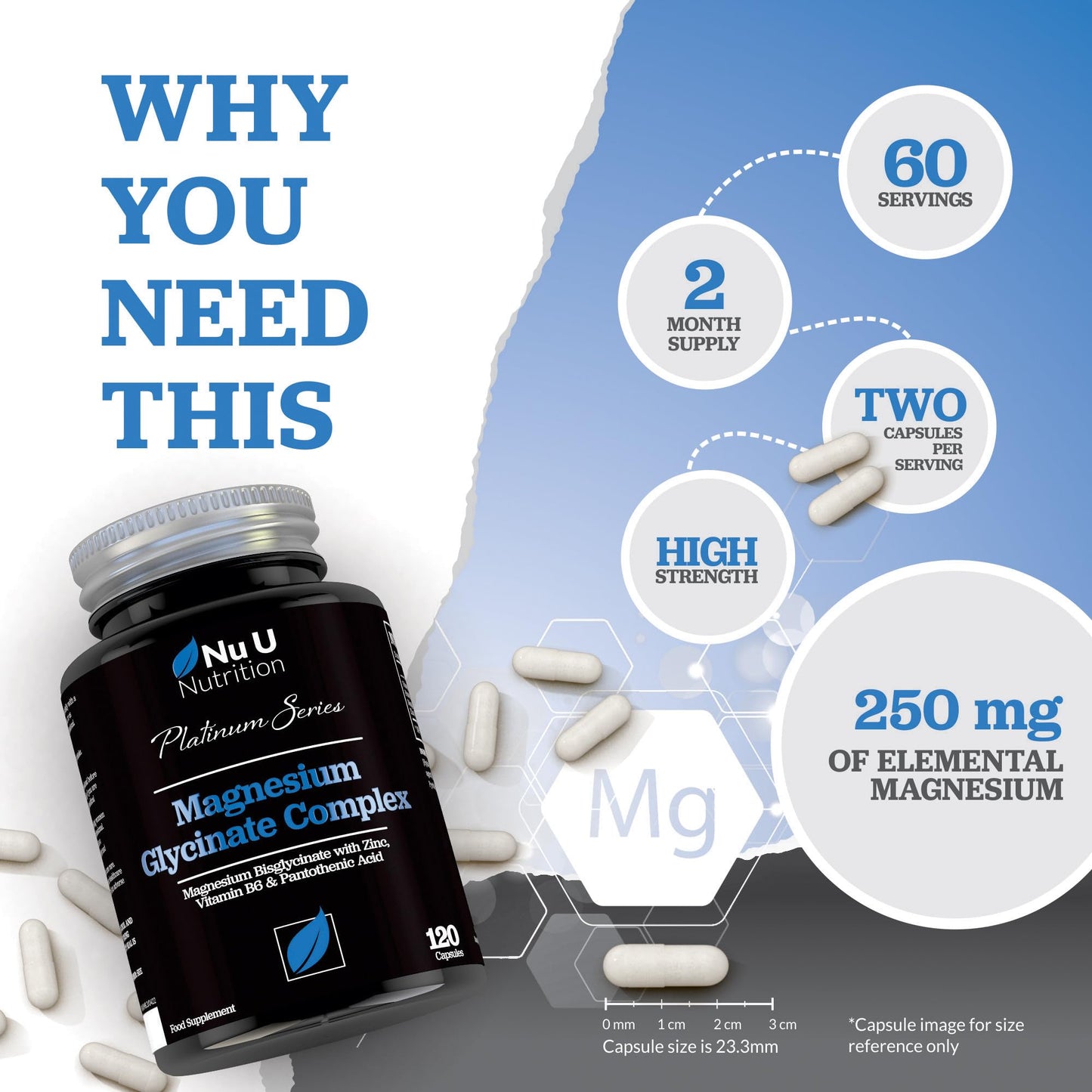 Magnesium Glycinate with Vitamin B6, Zinc and Pantothenic Acid - 120 Vegan Capsules - 250mg Elemental Magnesium from Chelated Magnesium per Serving - High Strength Magnesium Bisglycinate