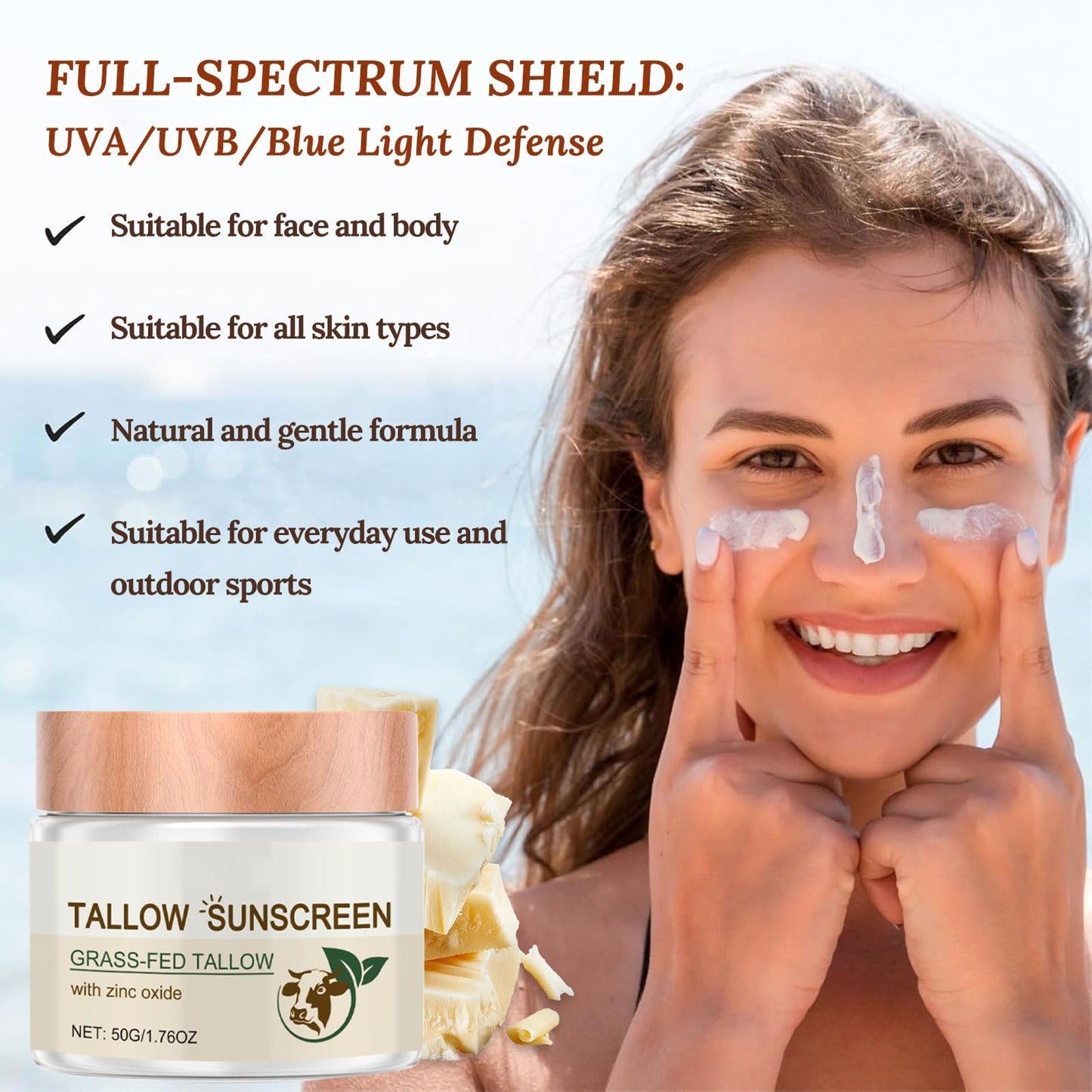 BloomBelle Beef Tallow Sunscreen, Nourishing Face Sun Cream SPF 50, Mineral Sunscreen with Titanium Dioxide, Grass Fed Beef Tallow Skincare for Dry Skin, Lightweight, Non Greasy Refreshing Suncream