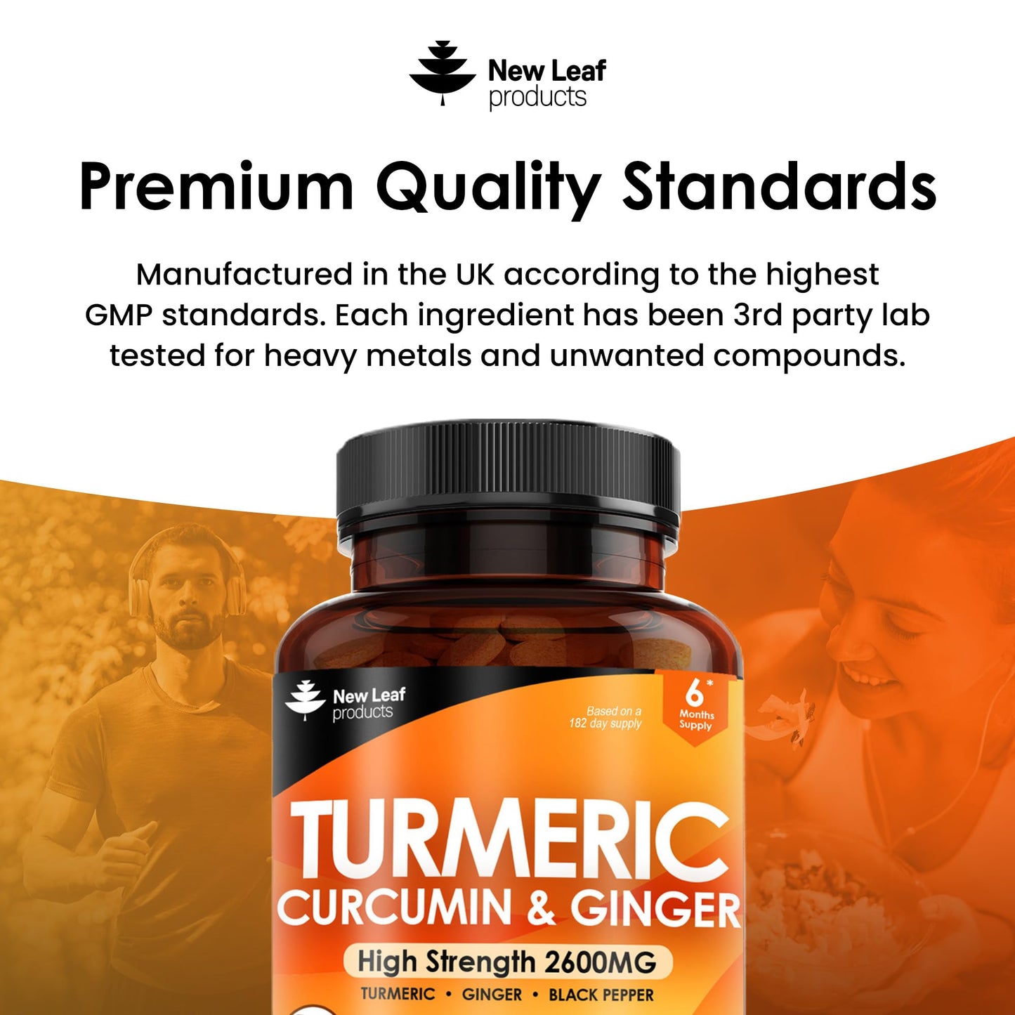 NEW LEAF PRODUCTS Turmeric Tablets 2600mg High Strength with Black Pepper & Ginger (6 Months Supply) Active 95% Turmeric Curcumin Supplements 365 Tablets Not Capsules, Vegan, UK Made by New Leaf