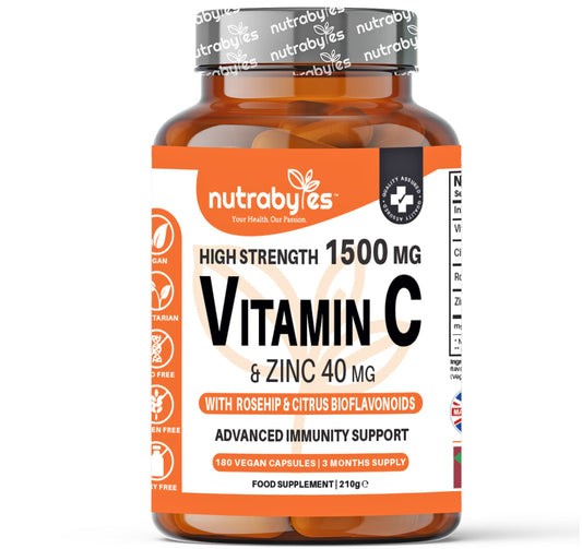 NUTRABYTES High Strength Vitamin C and Zinc Capsules | Vitamin C 1500mg and Zinc 40mg | Enhanced with Rosehip and Citrus Bioflavonoids | for Maintenance of Normal Immune System | 180 Vegan Capsules | Made in UK