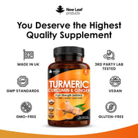 NEW LEAF PRODUCTS Turmeric Tablets 2600mg High Strength with Black Pepper & Ginger (6 Months Supply) Active 95% Turmeric Curcumin Supplements 365 Tablets Not Capsules, Vegan, UK Made by New Leaf