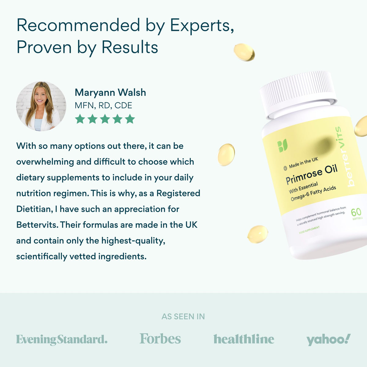 Bettervits Evening Primrose Oil Capsules 1000mg | Cold-Pressed High with Essential Omega-6 and Gamma-Linolenic Acids for Women and Men | Supports Hormonal Balance, Skin and Wellness | 60 Softgels