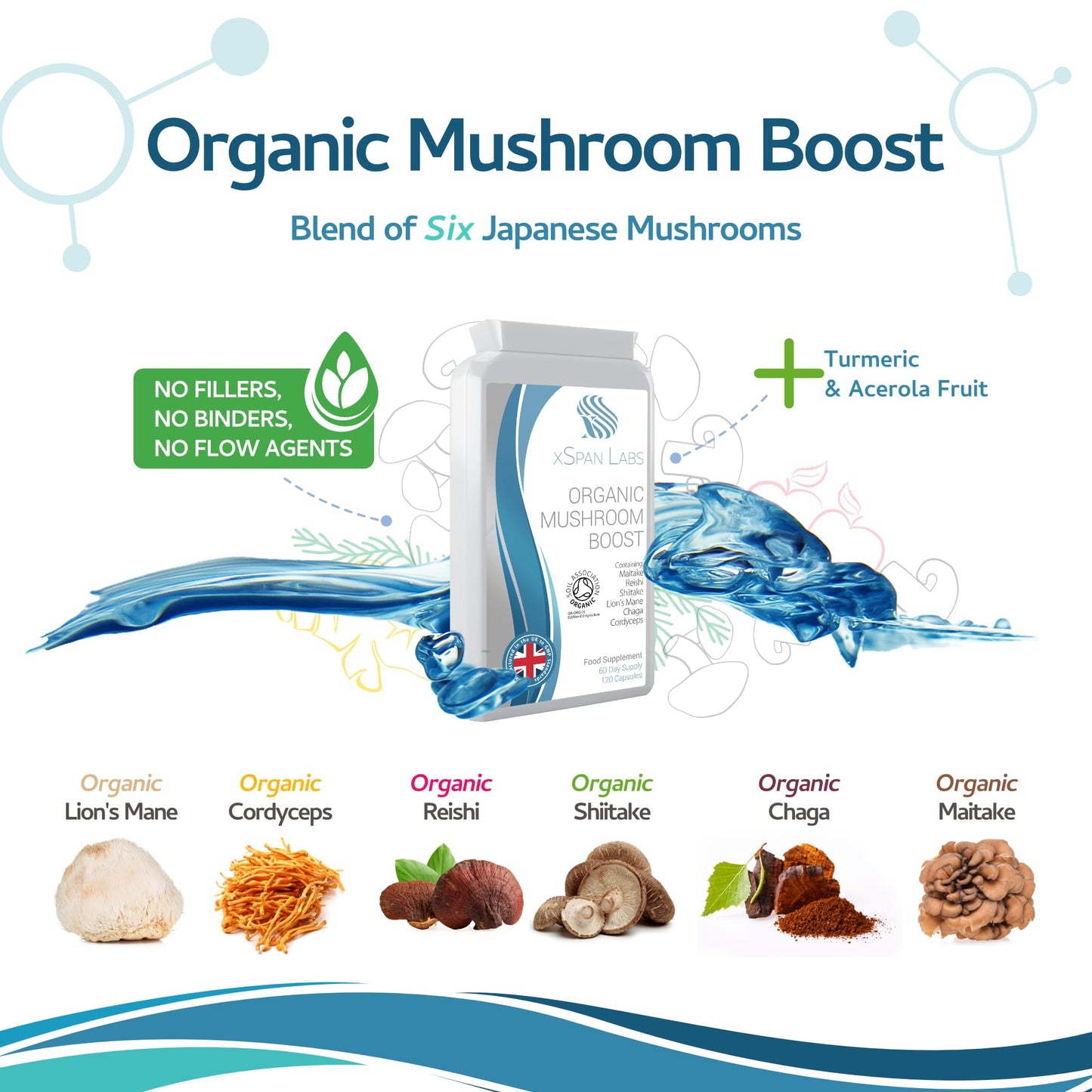 Xspan Labs Organic Mushroom Boost -120 Capsules - Lion's Mane, Reishi, Chaga, Cordyceps, Shitake & Maitake - Added Turmeric & Acerola Fruit – High Strength Beta-Glucans