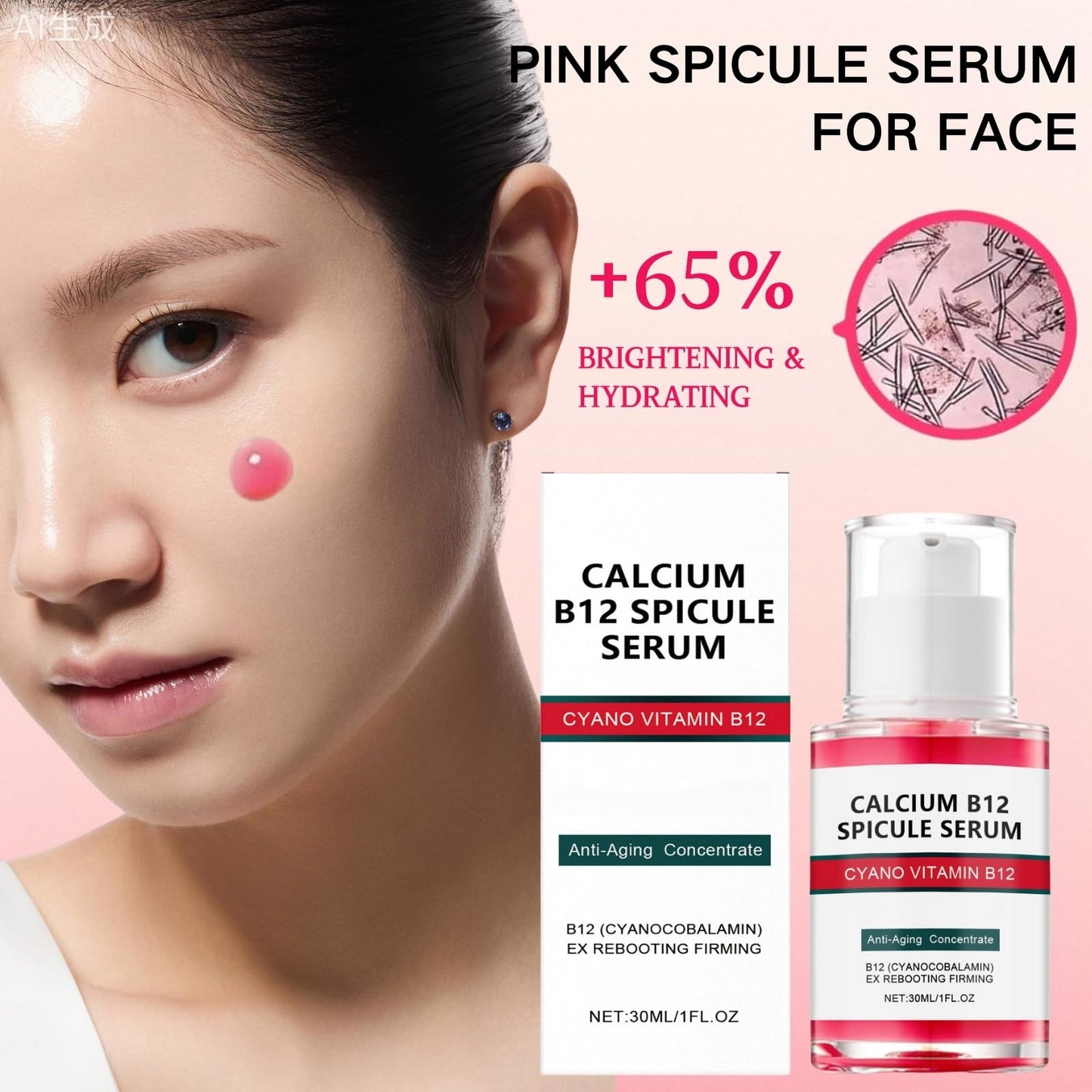 Shefave Pink Spicule Serum for Face with Niacinamide & Vitamin B12, Picotonic Glowing Serum, Anti Wrinkle Ser-um for Glass Skin, Minimizes Pores, Dark Spot, Brightening Hydrating Face Essence,Korean Skin Care