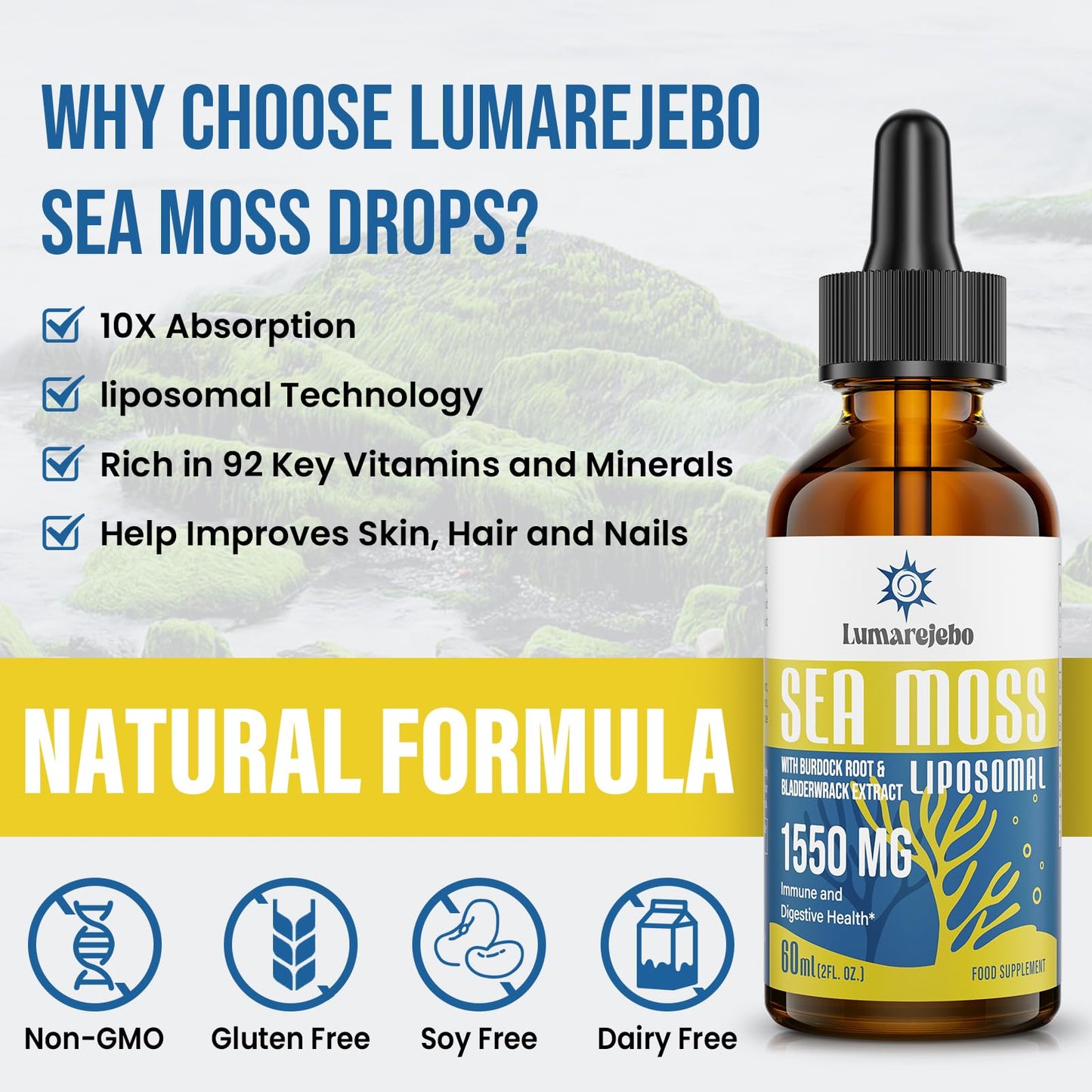 Lumarejebo Liposomal Irish Sea Moss Drops 1550MG, with Burdock Root and Bladderwrack Extract, 4X Stronger Than Pills & Gel, Support Gut & Immune Health (Pack of 3)