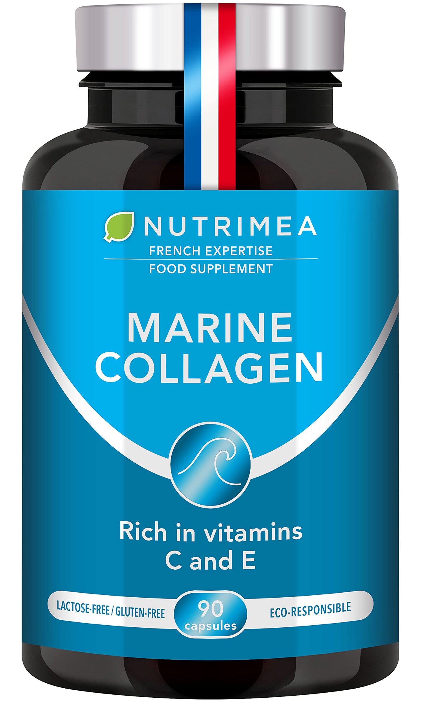 Pure Marine Collagen (900mg) - Enriched with Vitamins C and E – Patented Premium Type I & II Hydrolysed Collagen - Skin Hydration - Protect Bones and Joints - 90 Capsules - French Expertise
