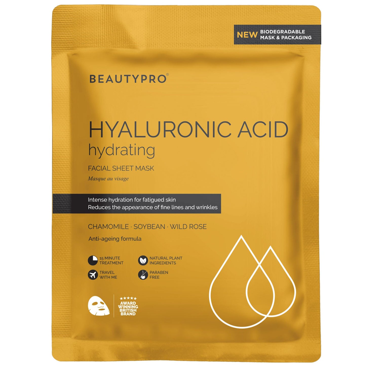 BEAUTYPRO HYALURONIC ACID Hydrating Facial Sheet Mask - 100% Biodegradable | Hydrating Beauty Face Mask | Infused with Hyaluronic Acid | Korean Skin Care | Multi-Award Winnin