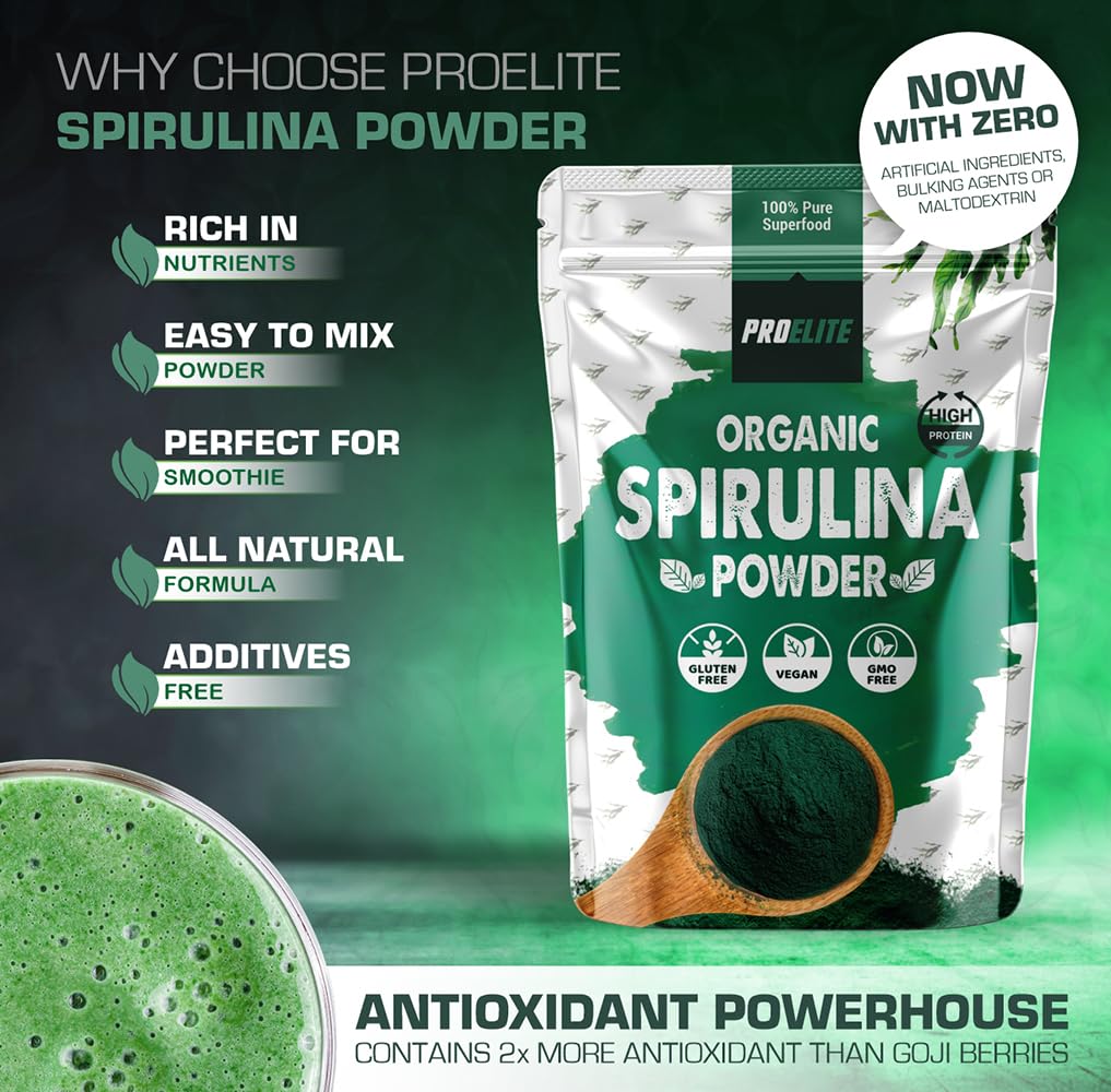 Organic Spirulina Powder 250g Natural Immune Booster | Premium Superfood Super Greens Spirulina Powder | Rich in Essential Vitamins & Minerals Vegans & Vegetarians by PROELITE