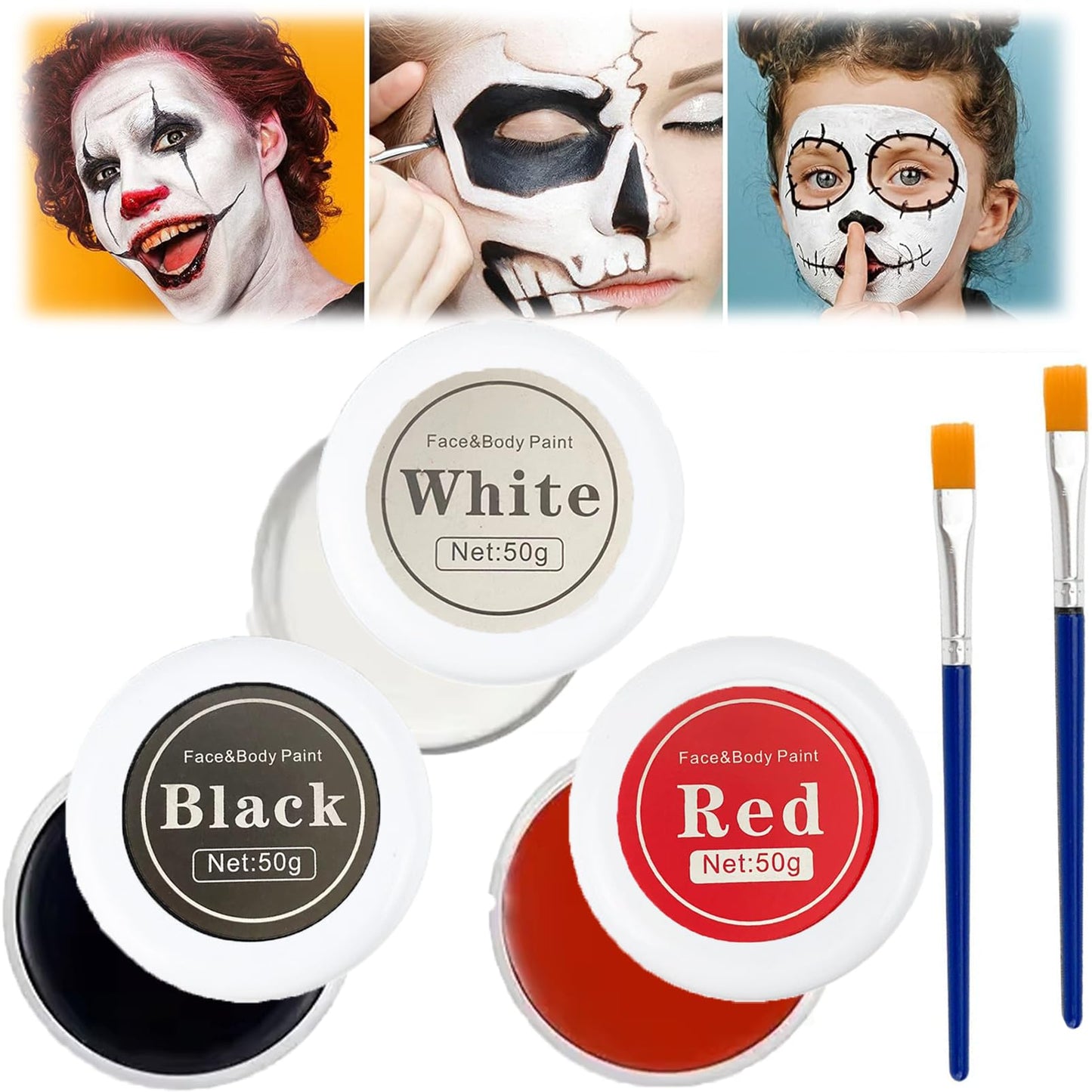 SHEBEEDO Black + White + Red Face Body Paint Set, Professional Face Palette Set with 2 Brushes, Oil Body Paint for Adults Art Theatre Halloween Party Cosplay Clown Body Paint Makeup