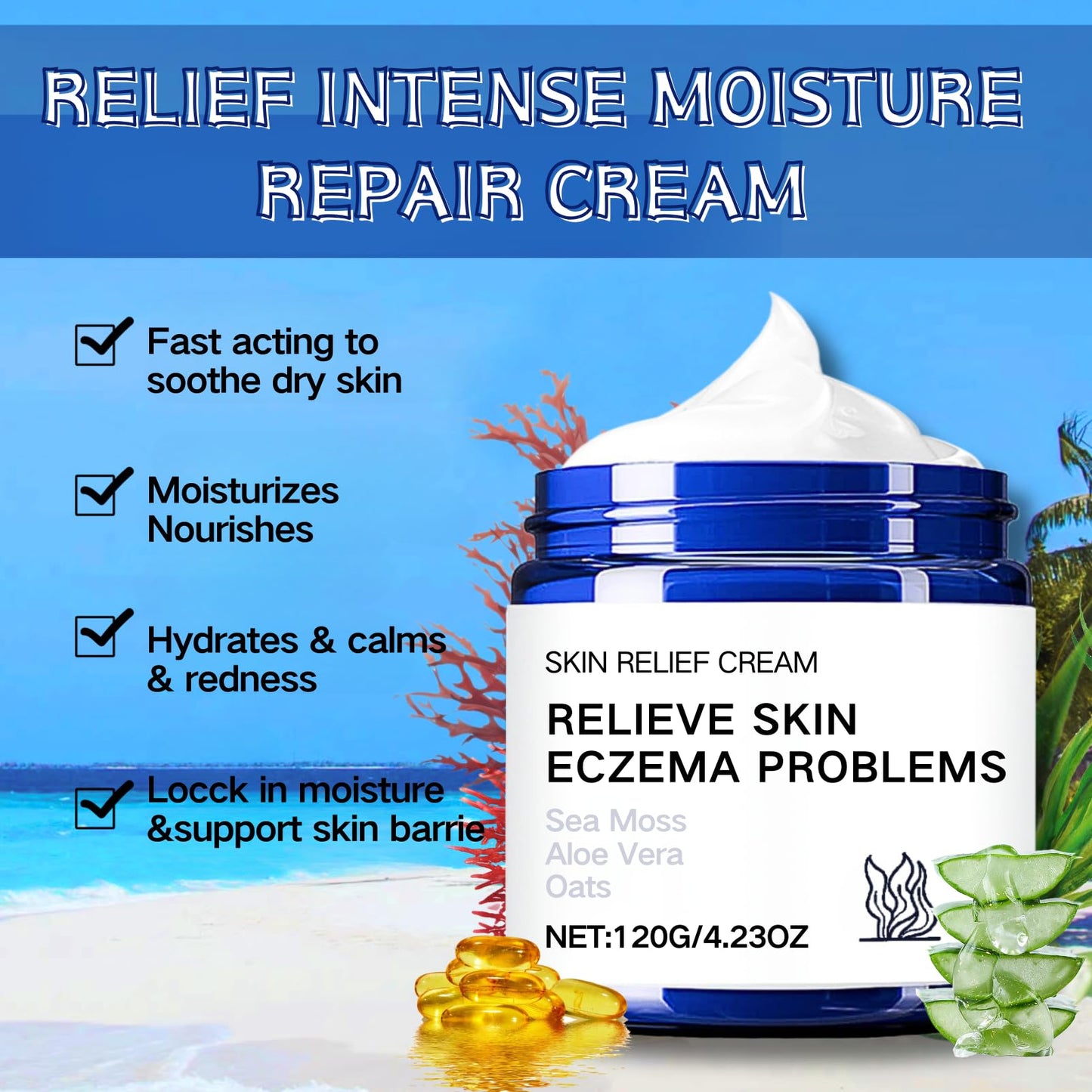 IZBEAUVO Sea Moss Skin Care Cream,Body & Face Moisturizer Cream 120G, Relief Intense Moisturizing Repair Cream, Hydrating Moisturiser For Dry Skin, Moisturiser Body Skin Repair Cream for Repairing & Barrie