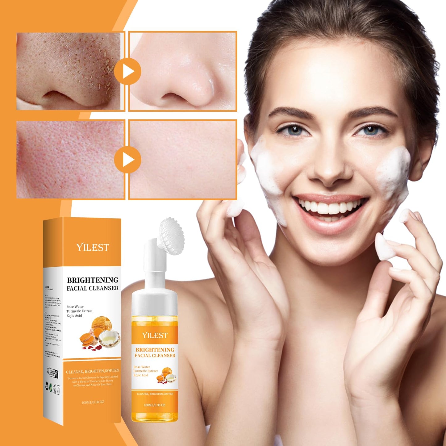 Tpyag Turmeric Facial Cleanser,100ml Face Cleanser,Soothing Cleansing Foam, Turmeric & Kojic Acid Foaming Brightening Facial Cleanser, Turmeric Cleansing Foam for All Skin Types