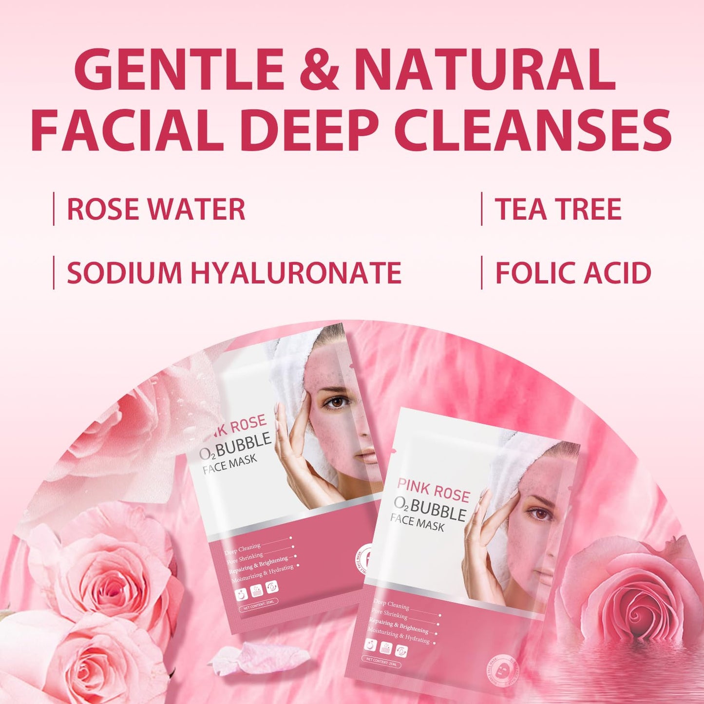 IREV 10 Pack Pink Rose O2 Bubble Face Masks Sheet Foaming Face Mask Purifying Facial Mask for Acne and Pores for Deep Cleansing and Rejuvenating Facial Treatment Mask Beauty Skincare