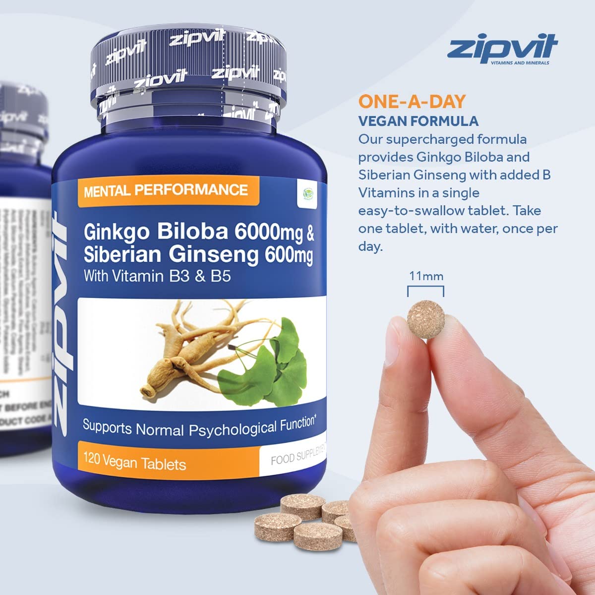 Zipvit Ginkgo Biloba and Siberian Ginseng, Standardised Ginkgo 6000mg and Ginseng 600mg with Vitamins B3 and B5. 120 Vegan Tablets for Focus,Mental Performance,Boost Energy. 4 Months Supply