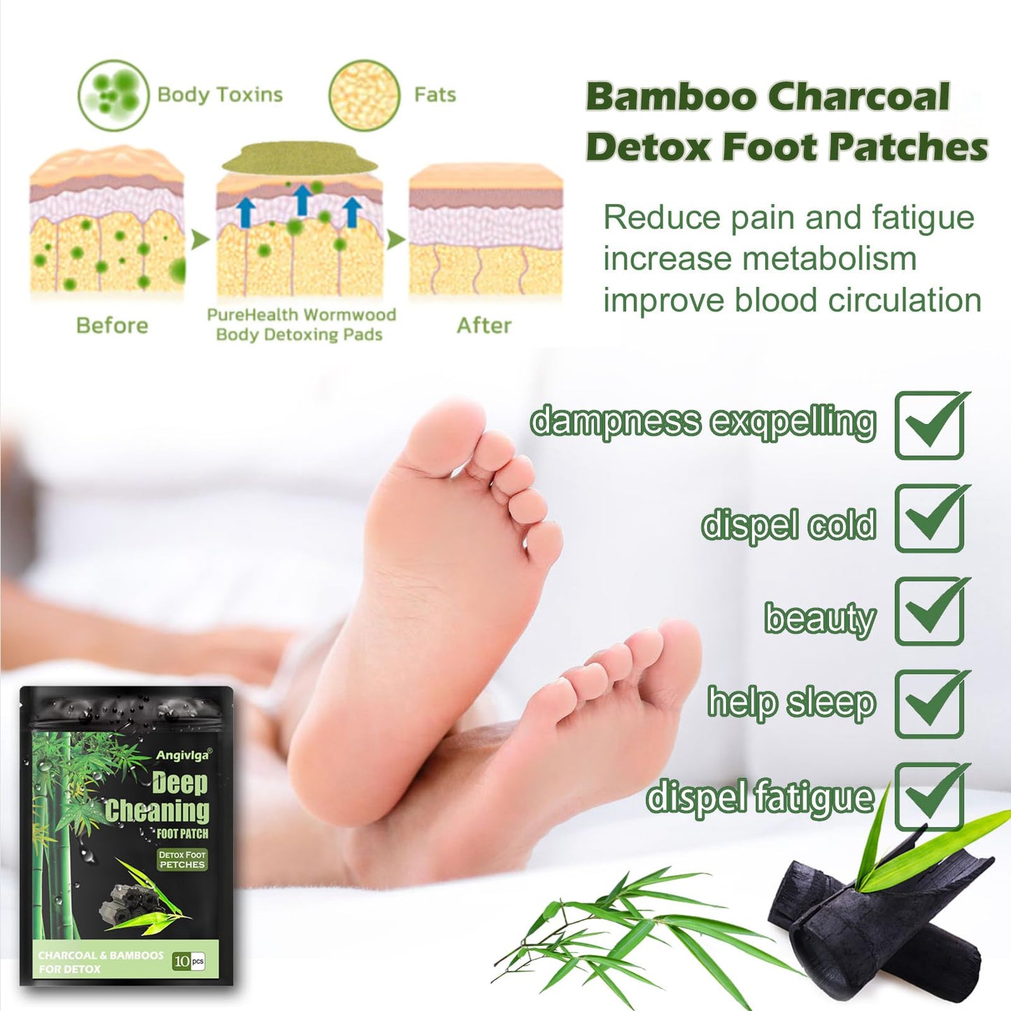 Angivlga Detox Foot Patches, 10 Pcs Deep Cleansing Detox Foot Pads to Remove Deep Cleansing Toxins with Bamboos and Ginger Powder for Stress Relief, Deep Sleep&Enhance Blood Circulation for Sleep Aid