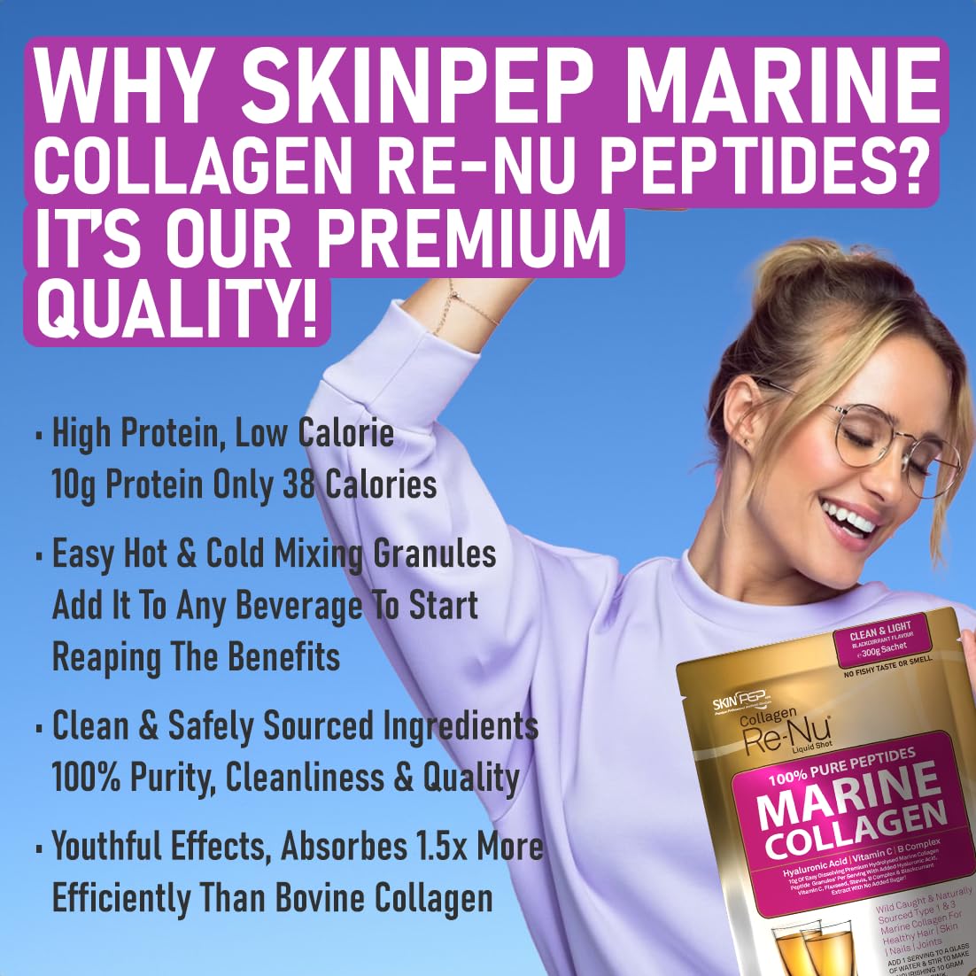 Premium Hydrolysed Marine Collagen Peptide Powder + VIT C, B Complex Hyaluronic Acid, & Stevia. Delicious Taste/No Fishy Smell - SkinPep® Collagen Re-Nu 70g