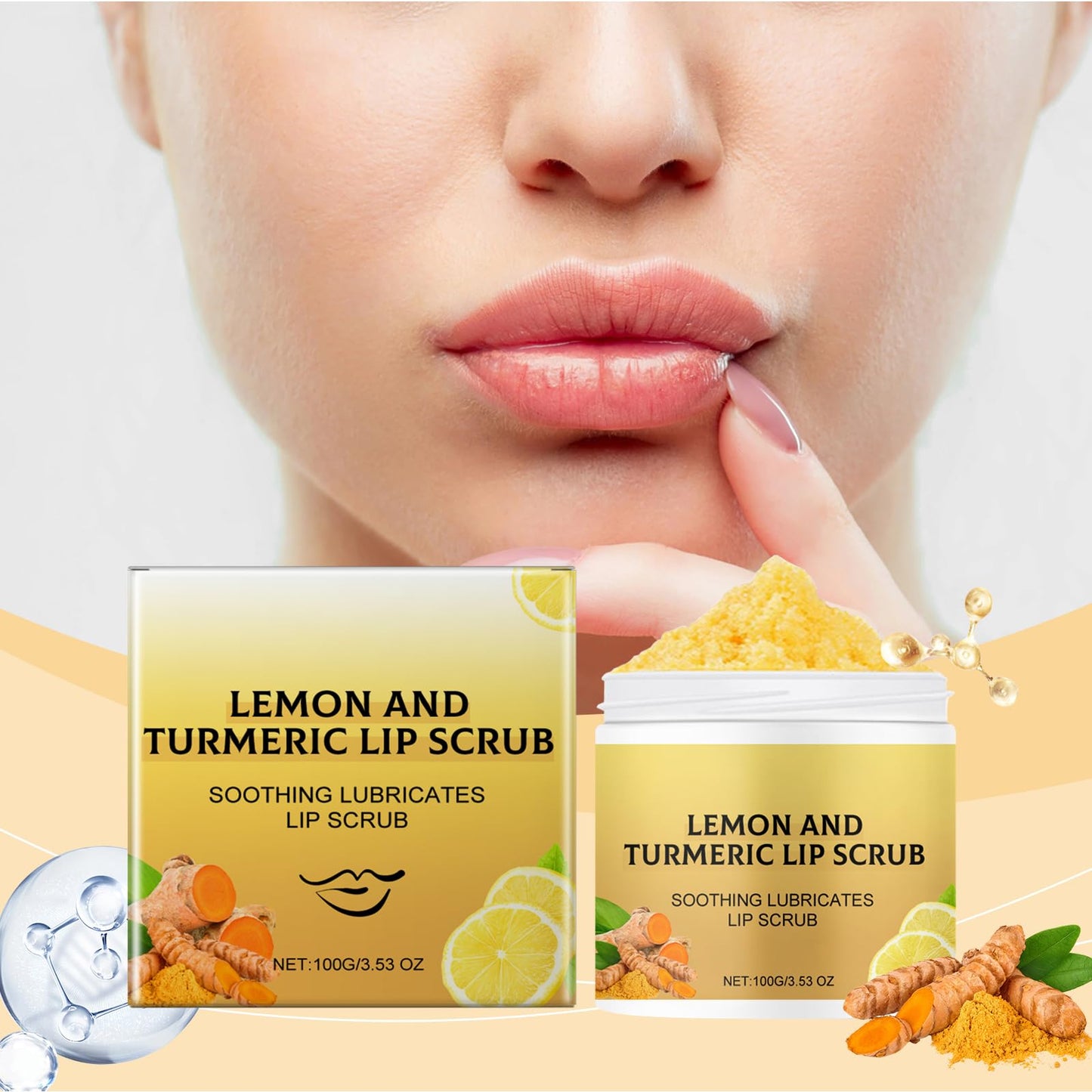 Boxiatil Natural Turmeric Lemon Lip Scrub for Dark Lips, Lemon Lip Exfoliator, Scrub & Nourish Sugar, Turmeric Balm, Fade Lip Lines, 100g (1pcs)