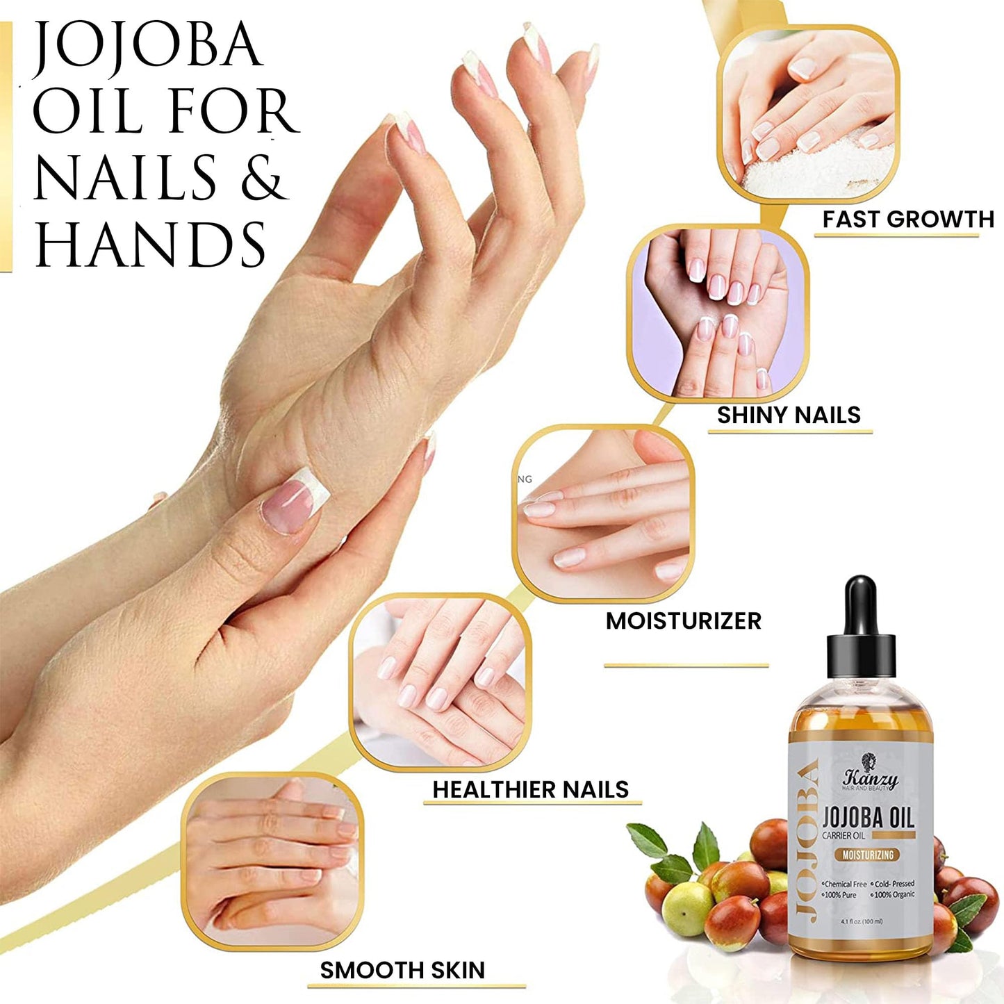 KANZY HAIR AND BEAUTY Kanzy Jojoba Oil Organic Cold Pressed 100% Pure 120ml Unrefined Hexane Free Carrier Oil for Hair Nails Body Skin & Face Body Oil