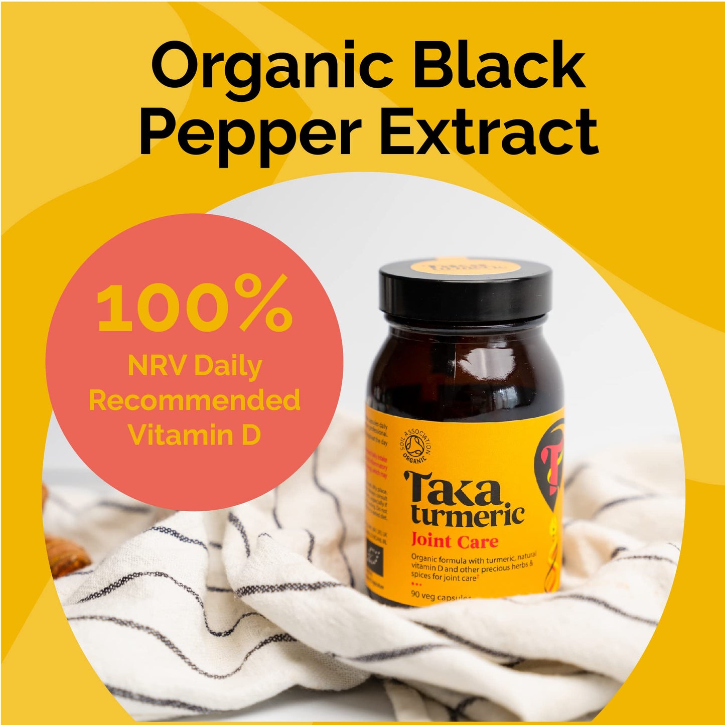 Taka Turmeric, 90 Caps Organic Joint Care Supplements with Turmeric Black Pepper Extract Vitamin D & Ginger, Organic Turmeric Ginger and Black Pepper Capsules, Vegan, Recyclable Packaging