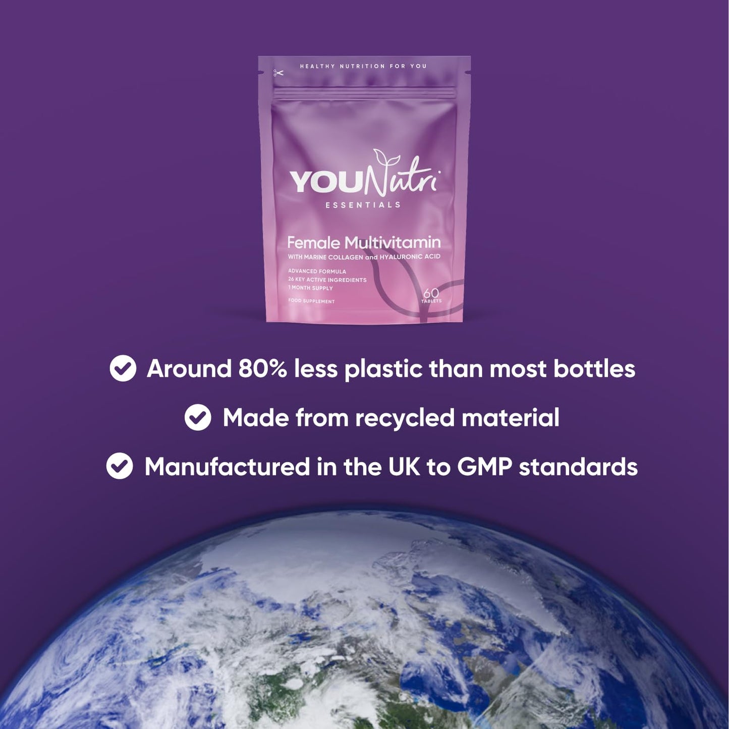YouNutri Women's Multivitamins & Minerals with Marine Collagen & Hyaluronic Acid – 26 Essential Vitamins, Minerals, & Botanicals – UK GMP Manufactured and Lab Tested - 60 Tablets (1 Month Supply)